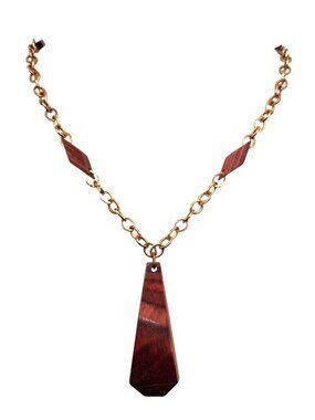 Wood Pendant Necklace With Floating Beads Geometric Accents